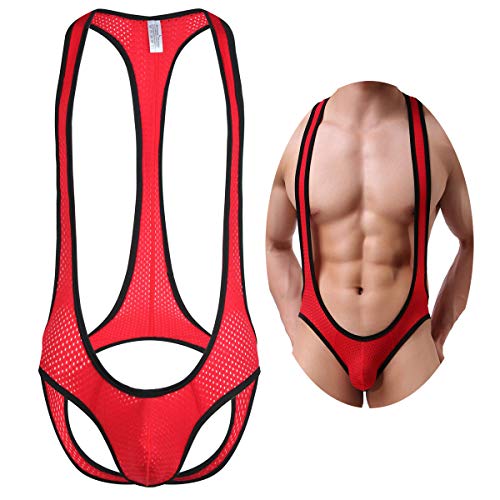 YFD Herren Boxershorts Unterwäsche Jumpsuits Wrestling Singlet Leotard Bodysuit Stretch Bodywear, Netzoptik (rot), L von YFD