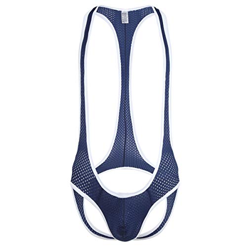 YFD Herren Boxershorts Unterwäsche Jumpsuits Wrestling Singlet Leotard Bodysuit Stretch Bodywear, Netzoptik (Marineblau), XXL von YFD