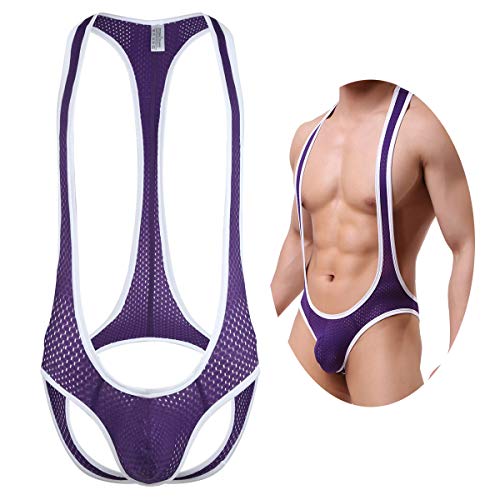 YFD Herren Boxershorts Unterwäsche Jumpsuits Wrestling Singlet Leotard Bodysuit Stretch Bodywear, Netz-Design (Violett), XXL von YFD