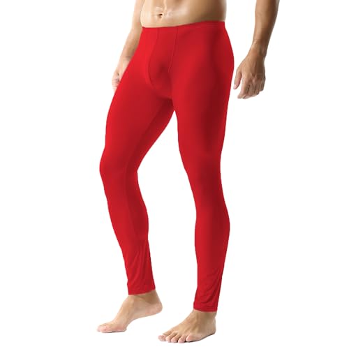 YUFEIDA Herren Lange Unterhosen mit Weichbund transparent Hose Unterwäsche Strumpfhose Leggings (M, Dicker Rot) von YUFEIDA