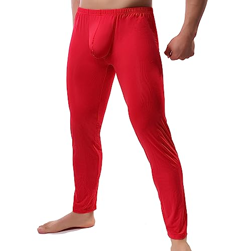 YUFEIDA Herren Lange Unterhosen mit Weichbund transparent Hose Unterwäsche Strumpfhose Leggings (XL, Dicker Rot) von YUFEIDA