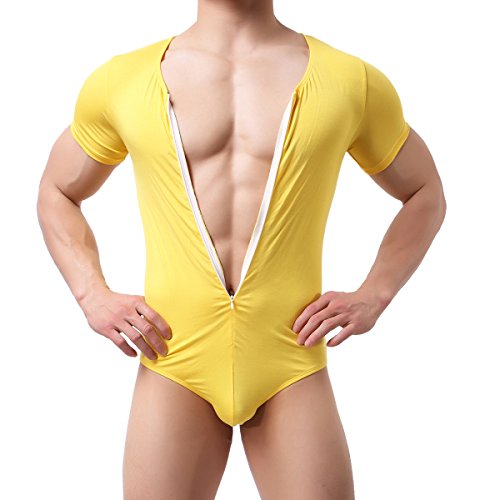 Mens Bikini Slips Unterwäsche Stretchy High Cut Wrestling Unterhemd Leopard String Bodysuit, Jumpsuit (Gelb), M von YFD