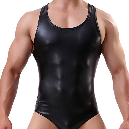 Mens Bikini Slips Unterwäsche Stretchy High Cut Wrestling Unterhemd Leopard String Bodysuit, Bodysuit (Black Faux Leather), XL von YFD