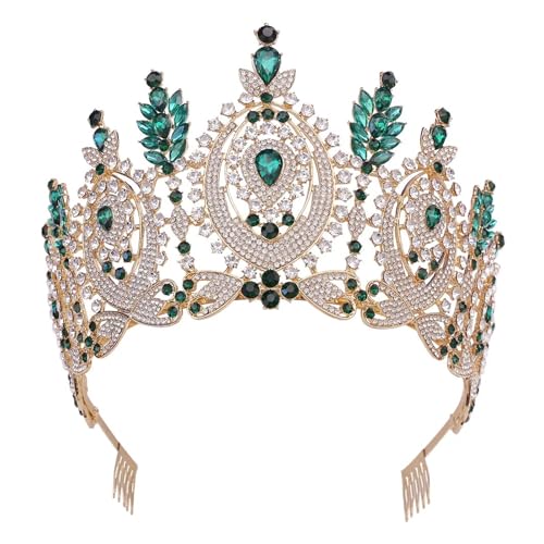 11 Farben Barock Blume Vollkristall Tiara Krone For Frauen Hochzeit Luxus Kleid Königin Braut Krone Haarschmuck Zart Bequem(Green gold) von YFDGD