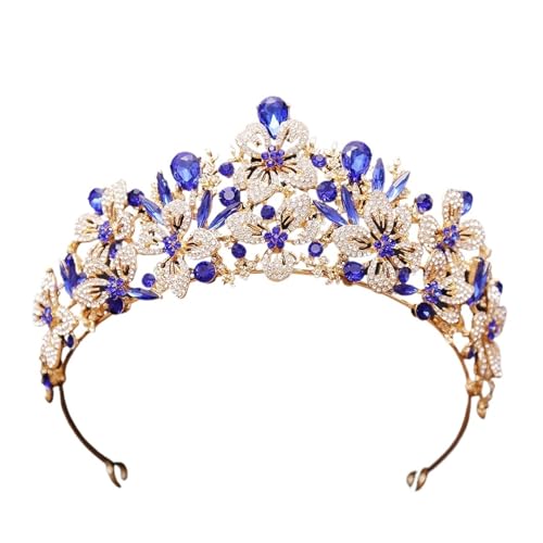 Exquisite Schmetterling Blumenfarbe Kristall Krone Strass Prinzessin Pageant Diadem Hochzeit Haarschmuck Tiaras Schmuck Zart Bequem(Gold Blue) von YFDGD
