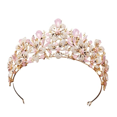 Exquisite Schmetterling Blumenfarbe Kristall Krone Strass Prinzessin Pageant Diadem Hochzeit Haarschmuck Tiaras Schmuck Zart Bequem(Gold Pink Opal) von YFDGD