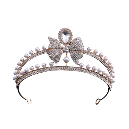 Perle Strass Luxus Tiara Haarband Hochzeit Zubehör Kopfbedeckung Krone For Die Braut Perle Tiara Und Krone Zart Bequem(Gold) von YFDGD