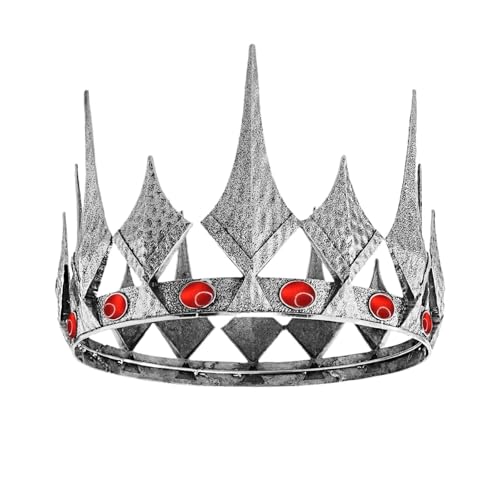 Retro Volle Runde Barock Königin Krone Antike Silber Metall Tiaras König Und Königin Kronen Zart Bequem(Red,D184mm) von YFDGD