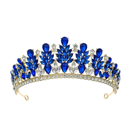 Süße Kristallkrone Braut Kopfbedeckung Haarschmuck Elegante Königin Tiaras Mädchen Hochzeitskleid Stirnbänder Zart Bequem(Gold blue) von YFDGD