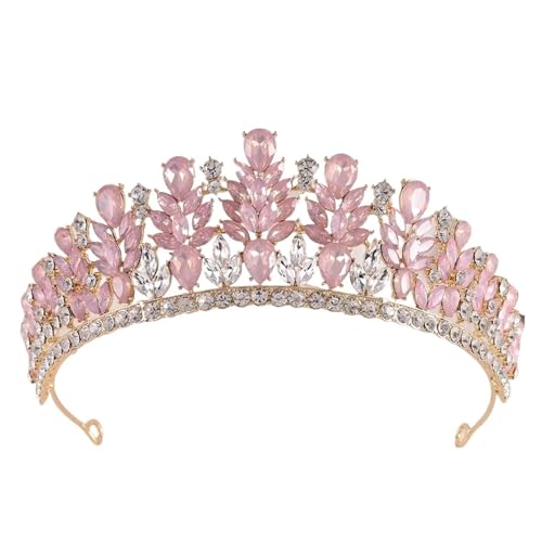 Süße Kristallkrone Braut Kopfbedeckung Haarschmuck Elegante Königin Tiaras Mädchen Hochzeitskleid Stirnbänder Zart Bequem(Pink opal gold) von YFDGD