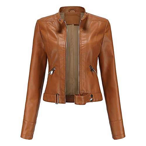 YFFUSHI Damen Kurze Lederjacke Blouson aus Kunstleder Bomberjacke Casual Mit Reißverschluss Coat,Braun,M YFFUSHI Damen Kurze Lederjacke Blouson aus Kunstleder Bomberjacke Casual Mit Reißverschluss Coat,Braun,M von YFFUSHI
