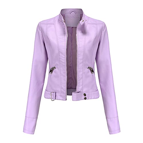 YFFUSHI Damen Kurze Lederjacke Blouson aus Kunstleder Bomberjacke Casual Mit Reißverschluss Coat,Hellviolett,L YFFUSHI Damen Kurze Lederjacke Blouson aus Kunstleder Bomberjacke Casual Mit Reißverschluss Coat,Hellviolett,L von YFFUSHI