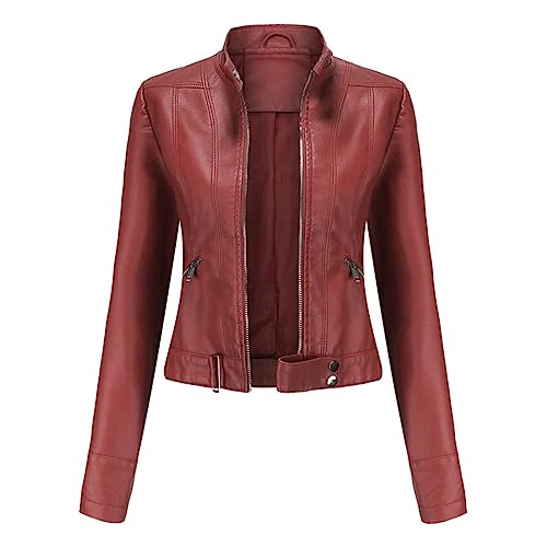 YFFUSHI Damen Kurze Lederjacke Blouson aus Kunstleder Bomberjacke Casual Mit Reißverschluss Coat,Rot,S von YFFUSHI