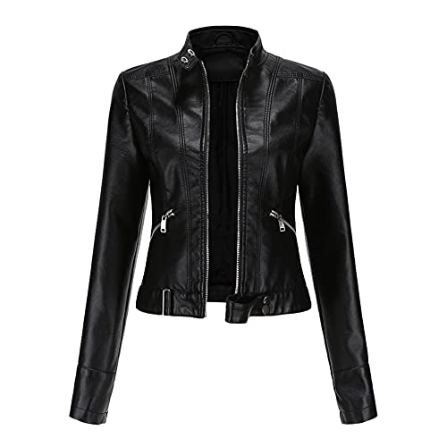 YFFUSHI Damen Kurze Lederjacke Blouson aus Kunstleder Bomberjacke Casual Mit Reißverschluss Coat,Schwarz,L von YFFUSHI