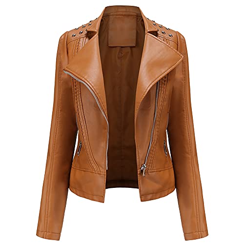 YFFUSHI Damen Lederjacke Kurz Slim PU Leder Jacke Reverskragen Lange Ärmel Übergangsjacke Reißverschluss Biker Lässig,Braun,XXL von YFFUSHI
