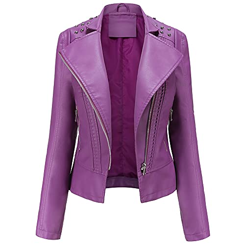 YFFUSHI Damen Lederjacke Kurz Slim PU Leder Jacke Reverskragen Lange Ärmel Übergangsjacke Reißverschluss Biker Lässig,Lila,L von YFFUSHI