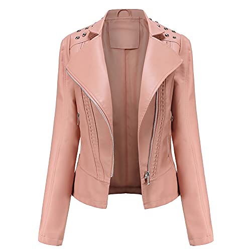 YFFUSHI Damen Lederjacke Kurz Slim PU Leder Jacke Reverskragen Lange Ärmel Übergangsjacke Reißverschluss Biker Lässig,Rosa,L von YFFUSHI