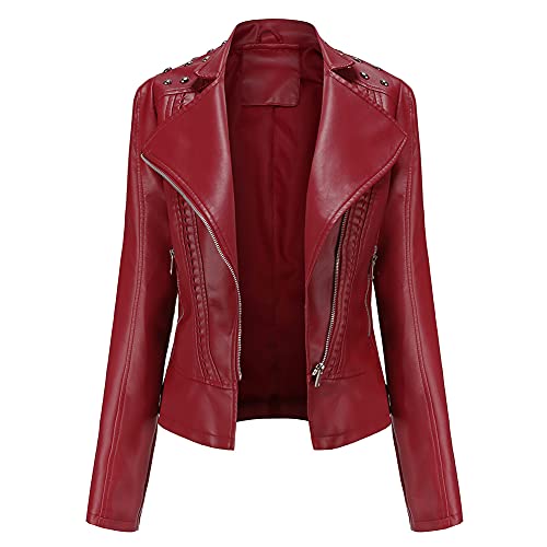 YFFUSHI Damen Lederjacke Kurz Slim PU Leder Jacke Reverskragen Lange Ärmel Übergangsjacke Reißverschluss Biker Lässig,Rot,S von YFFUSHI