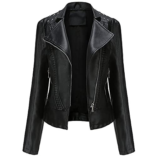 YFFUSHI Damen Lederjacke Kurz Slim PU Leder Jacke Reverskragen Lange Ärmel Übergangsjacke Reißverschluss Biker Lässig,Schwarz,XL von YFFUSHI