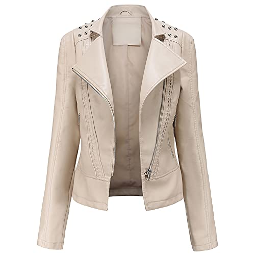 YFFUSHI Damen Lederjacke Kurz Slim PU Leder Jacke Reverskragen Lange Ärmel Übergangsjacke Reißverschluss Biker Lässig,Weiß,M von YFFUSHI