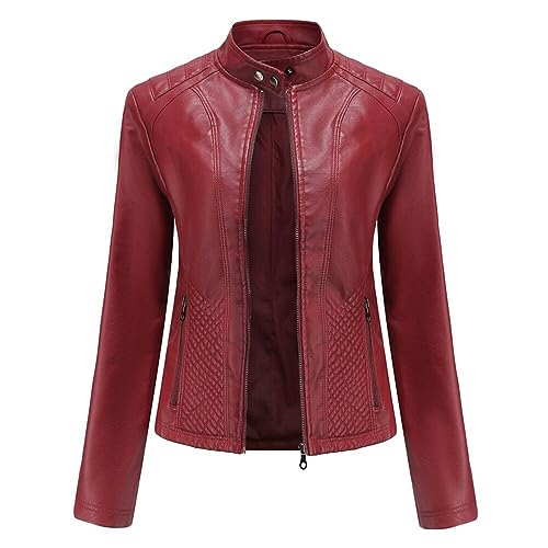 YFFUSHI Damen Motorradjacke aus Kunstleder, klassisch, kurz, schmale Passform, rot, 48 von YFFUSHI