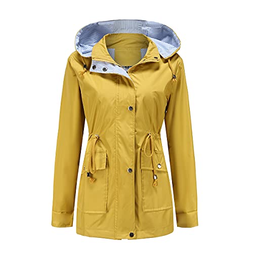 YFFUSHI Damen Regenjacke Leichte Übergangsjacke Wasserdichter Mit Kapuze Funktionsjacke Atmungsaktiv Mit Kordelzug Parka,Gelb,S von YFFUSHI