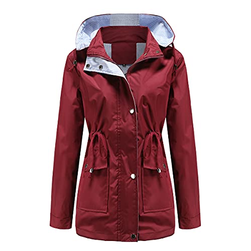 YFFUSHI Damen Regenjacke Leichte Übergangsjacke Wasserdichter Mit Kapuze Funktionsjacke Atmungsaktiv Mit Kordelzug Parka,Rot,XXL von YFFUSHI