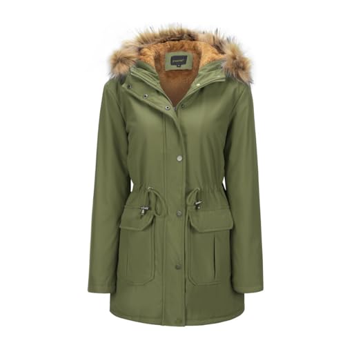 YFFUSHI Damen Wintermantel Lang Dicker Winterparka leichte mit Kapuze Jacke Winter Warm Gefüttert Coat Fellkapuze Große Parka Mantel,Grün,XL von YFFUSHI