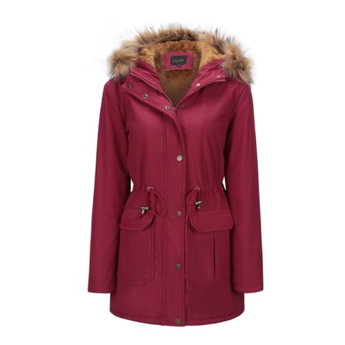 YFFUSHI Damen Wintermantel Lang Dicker Winterparka leichte mit Kapuze Jacke Winter Warm Gefüttert Coat Fellkapuze Große Parka Mantel,Rotwein,S von YFFUSHI