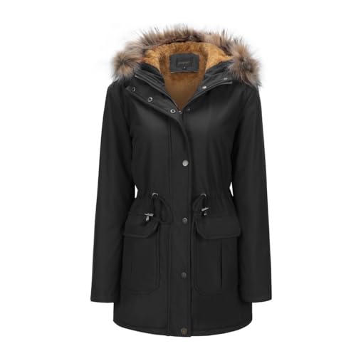 YFFUSHI Damen Wintermantel Lang Dicker Winterparka leichte mit Kapuze Jacke Winter Warm Gefüttert Coat Fellkapuze Große Parka Mantel,Schwarz,L von YFFUSHI