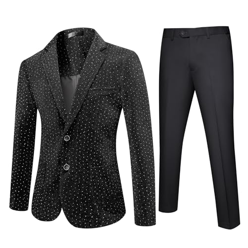 YFFUSHI Herren 2 Teilig Anzug Glitzer Slim Fit Glänzende Anzüge 2 Knöpfe Pailletten Smoking Sakko & Hose, Schwarz, XXL von YFFUSHI