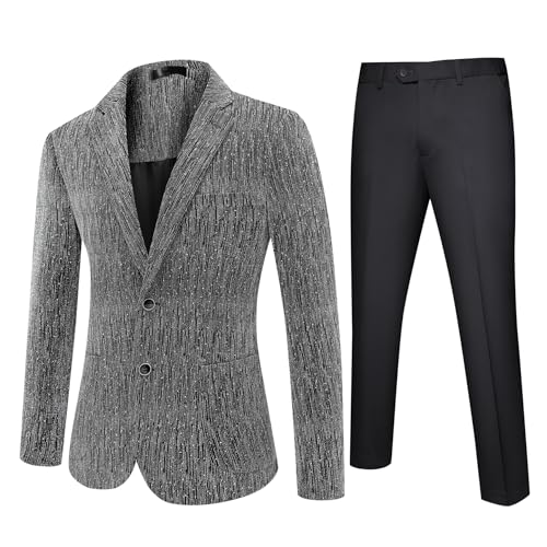 YFFUSHI Herren 2 Teilig Anzug Glitzer Slim Fit Glänzende Anzüge 2 Knöpfe Pailletten Smoking Sakko & Hose, Silber, XXL von YFFUSHI