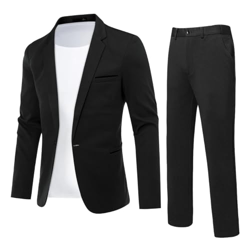 YFFUSHI Herren 2 Teilig Anzug Slim Fit Business Hochzeit Anzüge 1 Knopf Stretch Herrenanzug Sakko Hose, Schwarz, L von YFFUSHI