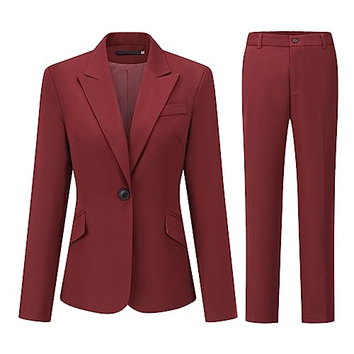 YFFUSHI Hosenanzug Damen Business Slim Fit Anzug Set Langarm Elegant Blazer Mit Outfit für Office,Rotwein,L von YFFUSHI