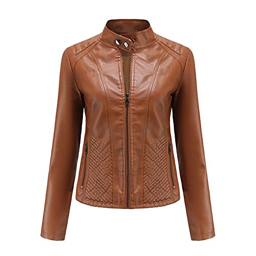 YFFUSHI Lederjacke Damen Kurz Jacke Leder Reverskragen Lässig Übergangsjacke Reißverschluss aus Kunstleder Classics,Beige,L von YFFUSHI