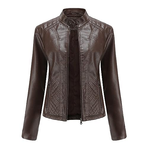 YFFUSHI Lederjacke Damen Kurz Jacke Leder Reverskragen Lässig Übergangsjacke Reißverschluss aus Kunstleder Classics,Braun,L von YFFUSHI
