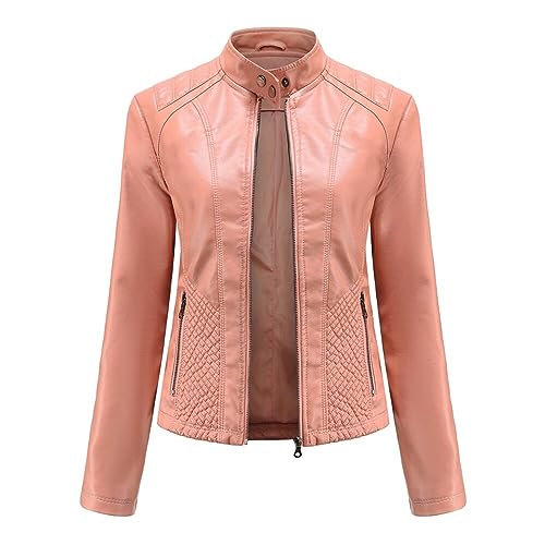 YFFUSHI Lederjacke Damen Kurz Jacke Leder Reverskragen Lässig Übergangsjacke Reißverschluss aus Kunstleder Classics,Rosa,XXL von YFFUSHI