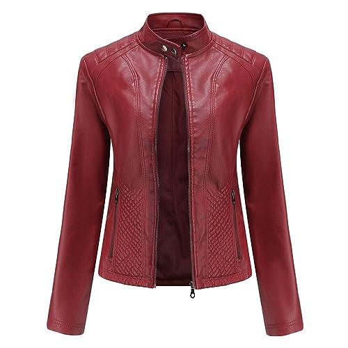YFFUSHI Lederjacke Damen Kurz Jacke Leder Reverskragen Lässig Übergangsjacke Reißverschluss aus Kunstleder Classics,Rot,L von YFFUSHI