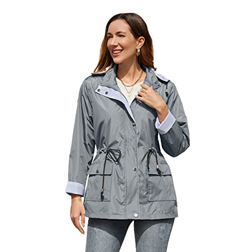 YFFUSHI Mantel Damen Wasserdicht Mittellanger Regenjacke Lässig Abnehmbare Kapuze Windbreaker Schlanke Jacke Mit Reißverschluss Einfarbig,Grau,S von YFFUSHI
