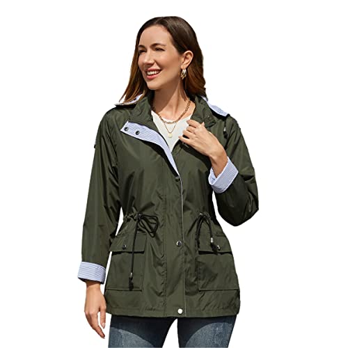 YFFUSHI Mantel Damen Wasserdicht Mittellanger Regenjacke Lässig Abnehmbare Kapuze Windbreaker Schlanke Jacke Mit Reißverschluss Einfarbig,Grün,M von YFFUSHI