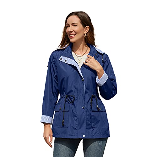 YFFUSHI Mantel Damen Wasserdicht Mittellanger Regenjacke Lässig Abnehmbare Kapuze Windbreaker Schlanke Jacke Mit Reißverschluss Einfarbig,Marineblau,L von YFFUSHI