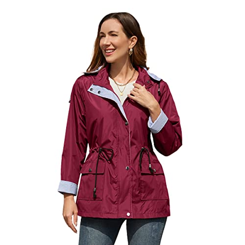 YFFUSHI Mantel Damen Wasserdicht Mittellanger Regenjacke Lässig Abnehmbare Kapuze Windbreaker Schlanke Jacke Mit Reißverschluss Einfarbig,Rotwein,M von YFFUSHI
