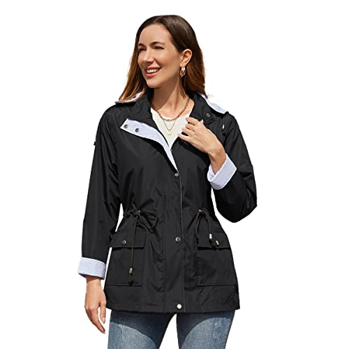 YFFUSHI Mantel Damen Wasserdicht Mittellanger Regenjacke Lässig Abnehmbare Kapuze Windbreaker Schlanke Jacke Mit Reißverschluss Einfarbig,Schwarz,S von YFFUSHI