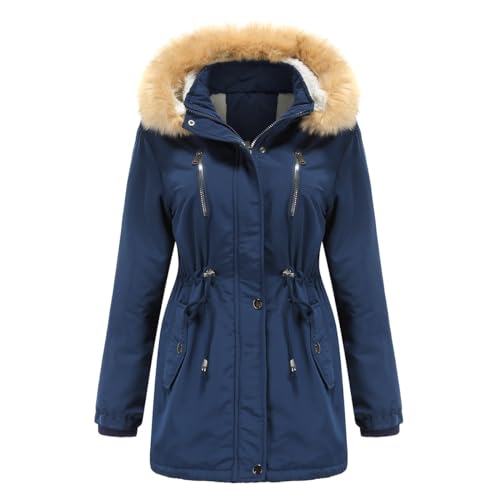 YFFUSHI Wintermantel Damen Warm Dicker Winterparka mit Fellkapuze Fell Kapuze Outdoor Jacke Mantel Oversized für Winter,Blau,3XL von YFFUSHI