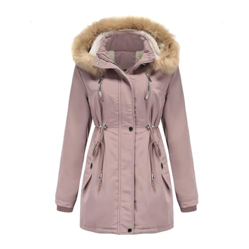 YFFUSHI Wintermantel Damen Warm Dicker Winterparka mit Fellkapuze Fell Kapuze Outdoor Jacke Mantel Oversized für Winter,Rosa,XL von YFFUSHI