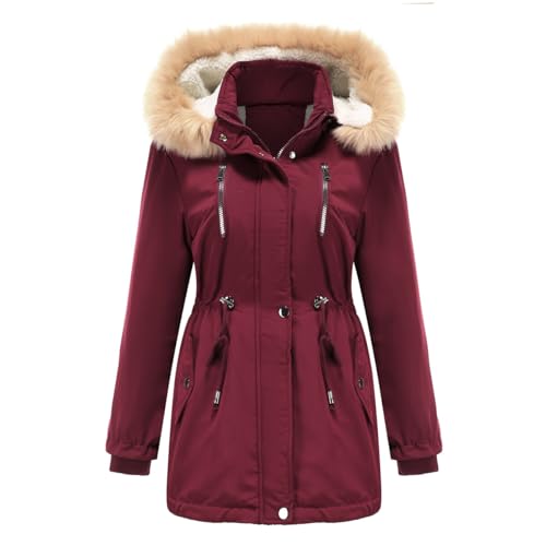 YFFUSHI Wintermantel Damen Warm Dicker Winterparka mit Fellkapuze Fell Kapuze Outdoor Jacke Mantel Oversized für Winter,Rot,S von YFFUSHI