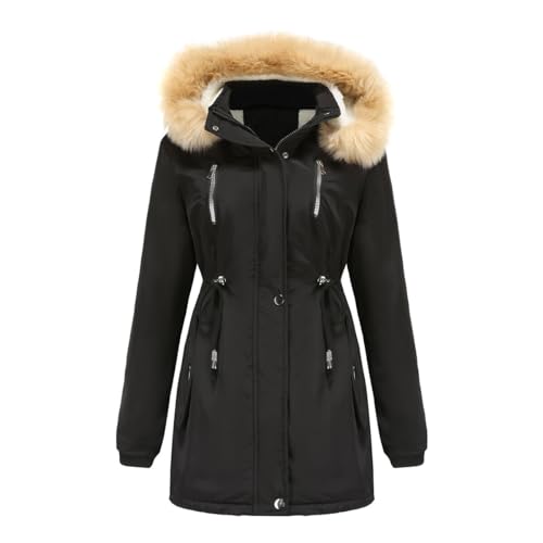 YFFUSHI Wintermantel Damen Warm Dicker Winterparka mit Fellkapuze Fell Kapuze Outdoor Jacke Mantel Oversized für Winter,Schwarz,3XL von YFFUSHI
