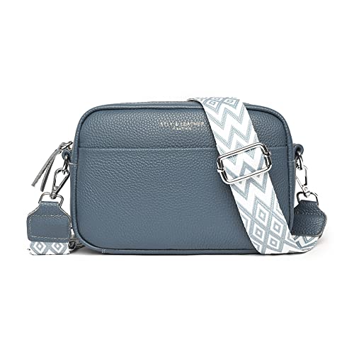 Umhängetasche für Damen, echtes Leder, breiter Riemen, Umhängetasche, trendiges Design, Kamera-Crossbody-Geldbörse, Reißverschluss oben, A08-blau, Strapazierfähig Umhängetasche für Damen, echtes Leder, breiter Riemen, Umhängetasche, trendiges Design, Kamera-Crossbody-Geldbörse, Reißverschluss oben, A08-blau, Strapazierfähig von YFGBCX
