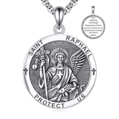 925 Sterlingsilber St. Raphael Halskette für Männer Frauen Heiliger Raphael Anhänger Schutzpatron der Heilung & Reisenden Medaillon Katholischer Erzengel 22+2" Verstellbare Kette Geschenkbox inklusive von YFN