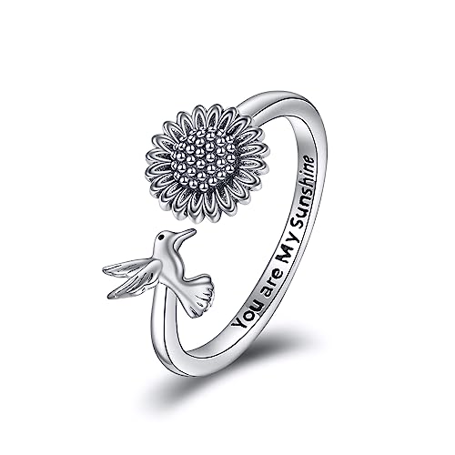 YFN Sonnenblume Kolibri Ring Sterling Silber Vintage Einstellbare Sonnenblume Ring Schmuck Geschenke für Damen Mädchen von YFN